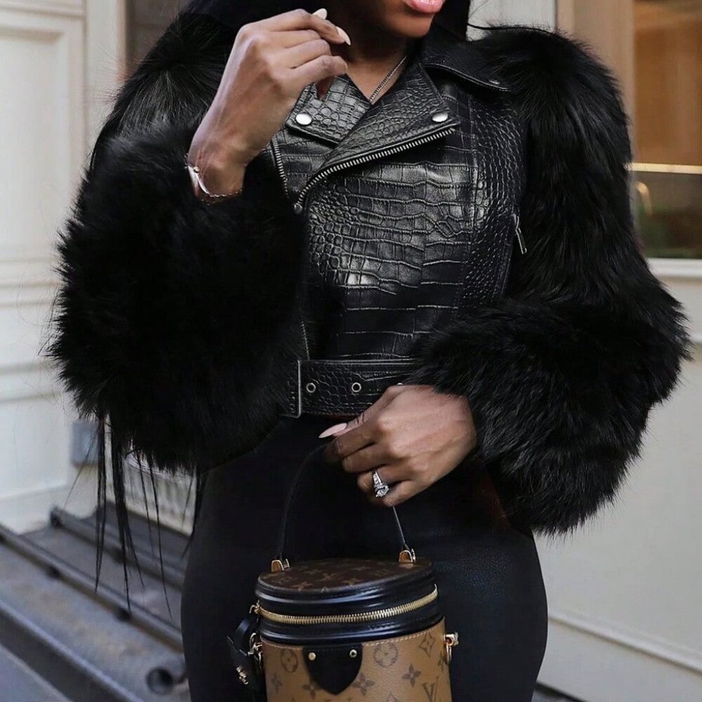 Black Preppy Women's Faux Fur Crocodile Print Jacket